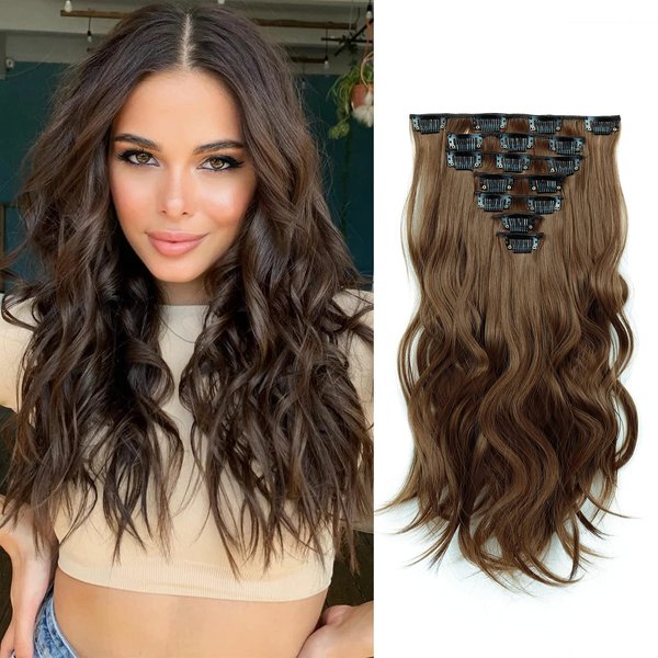 Clip in Hair Extensions - 16 Inch 7 Pcs Chocolate Brown Hair Extension Synthetic Fiber for Women Natural Wavy Extensions Synthetic Full Head