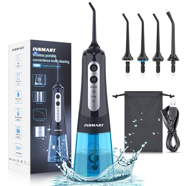 Cordless Water Dental Flosser Teeth Cleaner, INSMART Professional 300ML Tank DIY Mode USB Rechargeable Dental Oral Irrigator for Home and Travel, IPX7 Waterproof 4 Modes Irrigate for Oral Care Blue