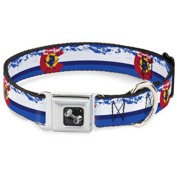 Dog Collar Seatbelt Buckle Colorado Skier4 Mountains Blues White Red Yellow 15 to 26 Inches 1.0 Inch Wide