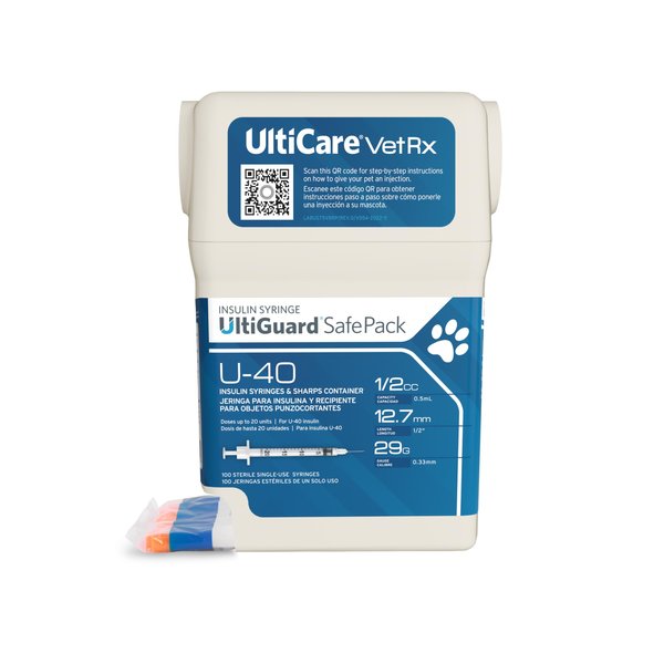 UltiCare VetRx U-40 UltiGuard Safe Pack Pet Insulin Syringes 1/2cc, 29G x 1/2", 100 ct (Without 1/2 Unit Markings)