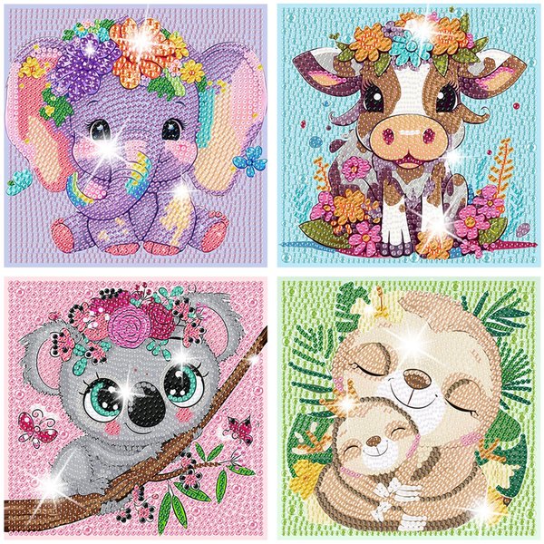 ARTMYRUI 4 Pack Diamond Painting Kits for Kids-Animals Diamond Art for Kids,5D Diamond Gem Art by Number Dots Kits Art and Crafts for Kids Ages 6-8-10-12 Boys & Girls for Birthday Gifts.（6x6inch）