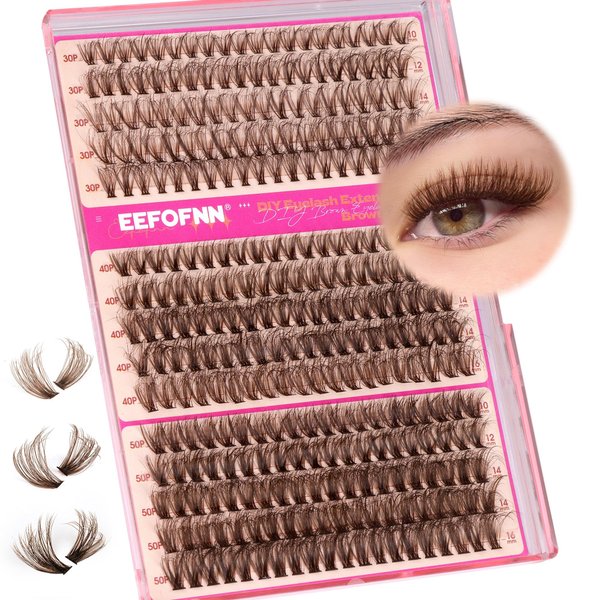 Eefofnn Brown Lash Clusters 300Pcs Fluffy Eyelash Extension 30D+40D+50D Brown Individual Lashes 10-16mm D Curl Natural Eyelash Clusters DIY Wispy Brown Lash Extensions For Beginners
