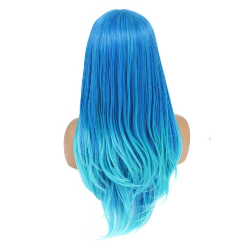 SWACC Long Layered Straight Wig with Bangs Synthetic Hair Wig for Women with Wig Cap (Teal Blue Ombre)