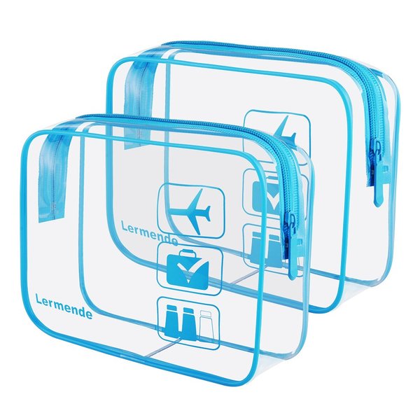 Lermende 2pcs/pack Clear Travel Toiletry Bag, Clear Makeup Bag for Women & TSA Approved Toiletry Bag Travel Carry On Airport Airline Quart Sized Clear Cosmetic Bag - Blue
