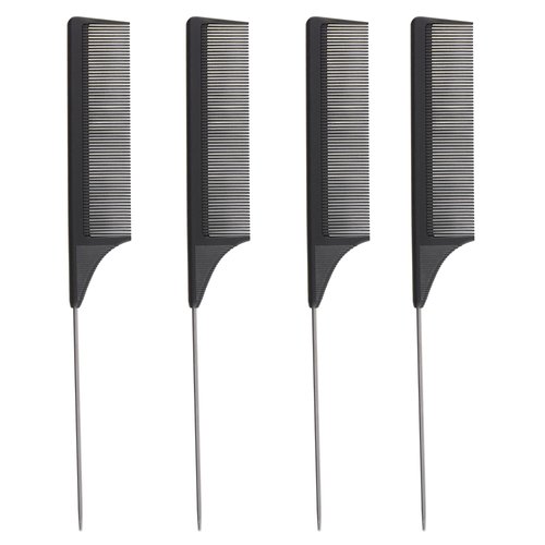 4 Pack Carbon Fiber Rat Tail Combs - Carbon Fiber, Stainless Steel Pintail, Heat Resistant, Hair Comb Set for Braiding, Parting, and Styling, 9 Inches Long - Black Combs for Women and Men