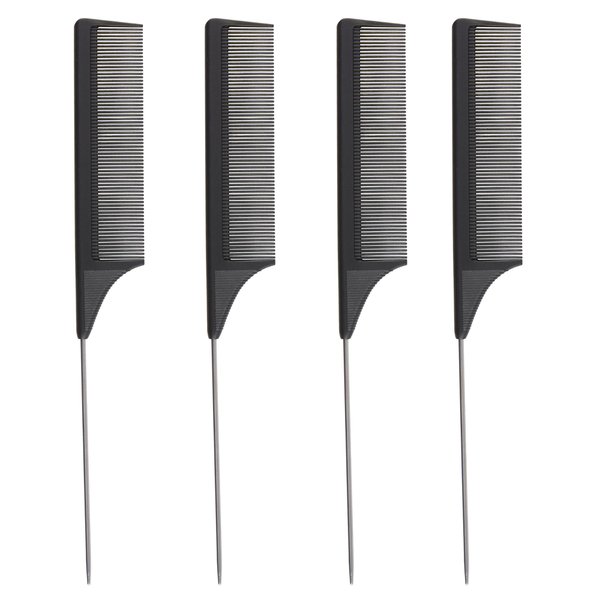 4 Pack Carbon Fiber Rat Tail Combs - Carbon Fiber, Stainless Steel Pintail, Heat Resistant, Hair Comb Set for Braiding, Parting, and Styling, 9 Inches Long - Black Combs for Women and Men