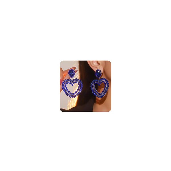 Jumwrit Shiny Blue Rhinestone Long Love Heart Dangle Drop Earrings Sparkle Crystal Teardrop Stud Earrings Chunky Geometry Chandelier Earrings Fashion Statement Jewelry Gift for Women