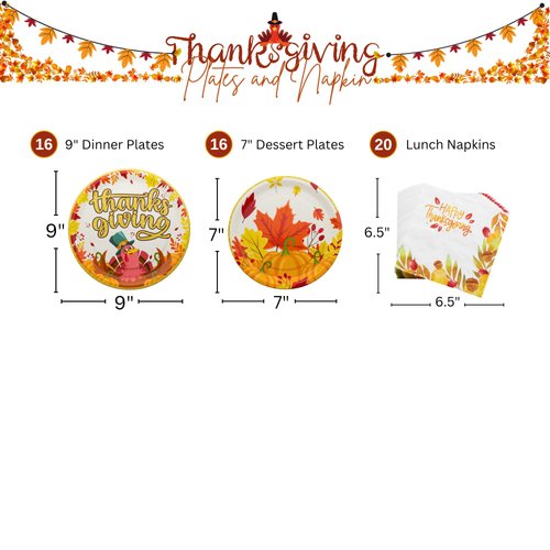 Thanksgiving Party Plates and Napkin (52 pieces for 16 guests) - Thanksgiving Party Supplies, Thanksgiving Party Decorations, Fall Theme Party, Turkey Party Plates and Napkins, Blue Orchards