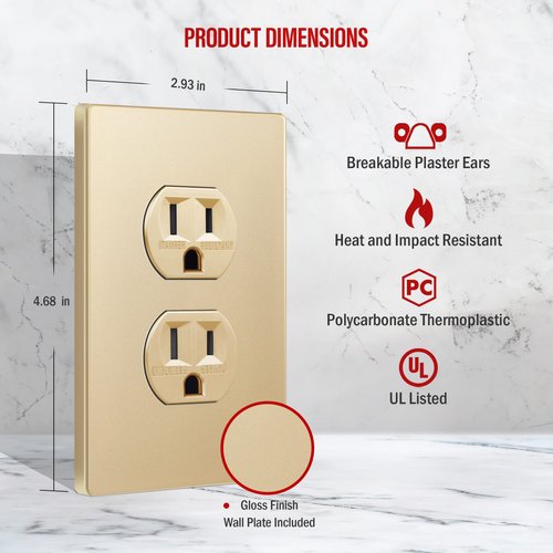 ENERLITES Elite Series Duplex Receptacle with Screwless Wall Plate, Residential Grade Duplex Outlet, Tamper-Resistant, Grounding, 15A 125V, UL Listed, 61580-TR-GDWP, Gold with Wall Plate