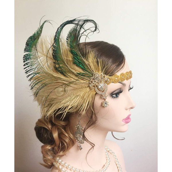 Anglacesmade Bridal 1920s Flapper Feather Headband with Crystal Beaded Head Chain Peacock Feather Roaring 20s Headpiece Prom Party Festival Gatsby Hair Jewelry for Women and Girls