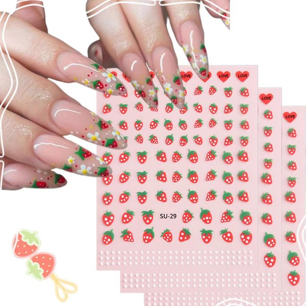 3 Sheets Strawberry Nail Art Stickers Decals Cute Nail Decals Spring Summer Nail Stickers 3D Self-Adhesive Nail Art Supplies Red Heart Nails Transfer Sticker for Women Girls Nail Art Decoration