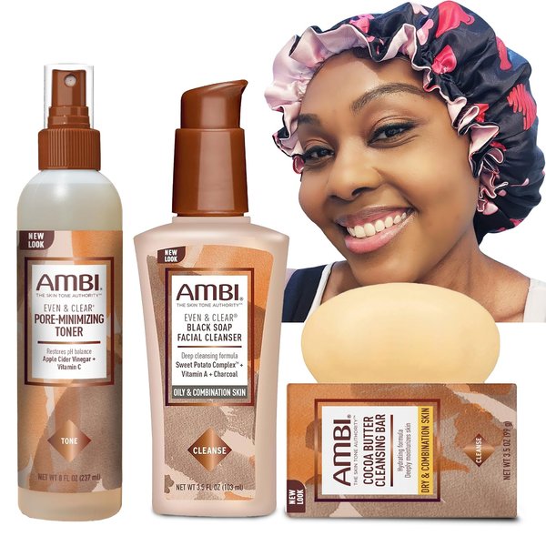 Zomac Satin Bonnet Bundle with Ambi Dry and Combination Skin Products, Includes Ambi Cocoa Butter Cleansing Bar, Ambi Pore Minimizing Toner, and Ambi Complexion Facial Cleanser