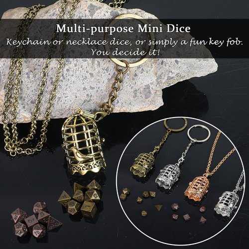 Mini Metal DND Dice Set with Exquisite Copper Hollow Bird cage Necklace Dice Case Antique Tiny Metal Dice Set D&D Keychain Portable 7PCS Dice Set