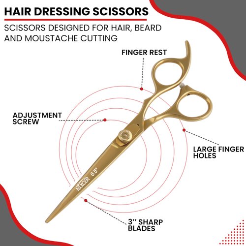 Nixcer Hair Cutting Scissors -Sharp Razor Edge Blade Hair Shears Series - 6.5" With Fine Adjustment – Stainless Steel Hair Scissors Professional For Men, Women & Babies (Gold)
