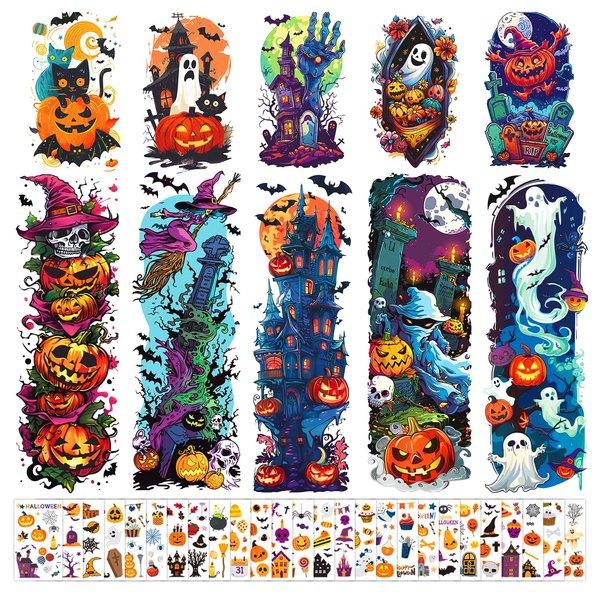 Partywind 36 Sheets Kids Full & Half Arm Halloween Temporary Tattoos Sleeves, Fake Tattoo Stickers for Halloween Party Supplies Decorations, Halloween Treats for Kids Trick or Treat Party Games