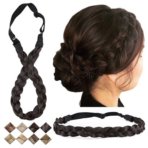 Braided Headband Plaited Hair Band Chunky Braided Headband Elastic Stretch Braid Hairband Plaited Braids Blonde Black Synthetic Hairpiece For Girls And Women (Small-three strands braided, dark brown)