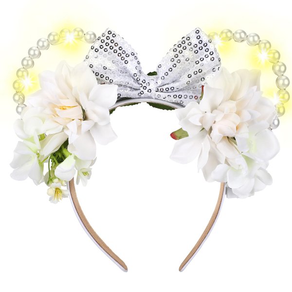 VISSTREE LED Mouse Ear Headband - LED Light Up Flower Mouse Crown White Shiny Bow Tie Pearl Mermaid Sequin Glitter Flower Rat Headpiece for Women Girls Park Party Costume Headwear