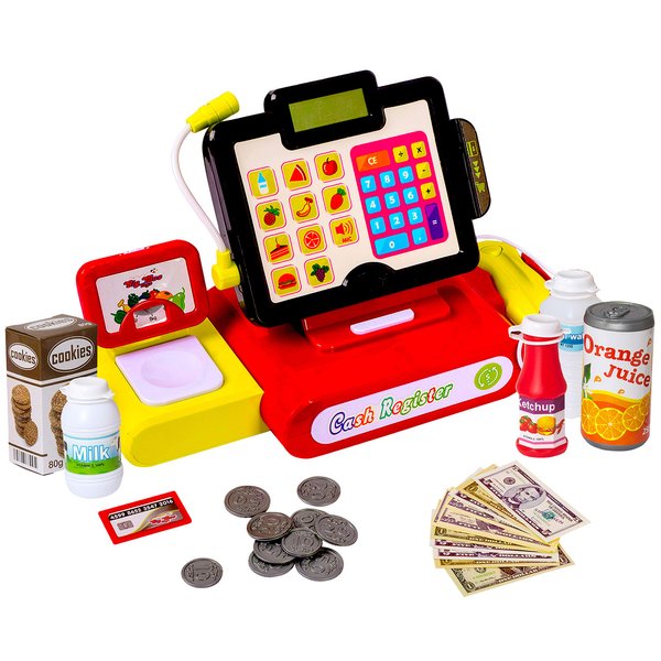 Big Mo's Toys Cash Register Play Set Kids Grocery Store Supermarket Toy with Pretend Food, Money, Electric Lights and Sounds- 27 Piece