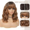 BEAUTIFA Ombre Brown Wig with Bangs for Women 14 Inch Shoulder Length Short Bob Wavy Curly Wig Ombre Brown Wig Heat Resistant Synthetic Wigs