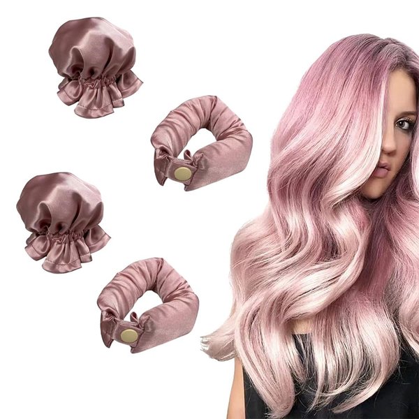 Milnoseiu 2 Set Heatless Pink Satin Hair Curling Rods with Caps - Soft Overnight Curls for All Styles, No Heat Bun Curler Kit