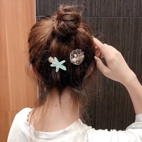 6Pcs Girl Hair Clip Artificial Ocean Pearl Shell Starfish Clip Diamond Super Flash Edge Clip Temperament Bangs Clip Hair Ornament Headdress