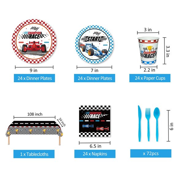 Aoerfes Race Car Party Decorations, Race Car Birthday Plates Two Birthday Party Paper Plates and Napkins Tablecloth Set with Cups for 24 Guests