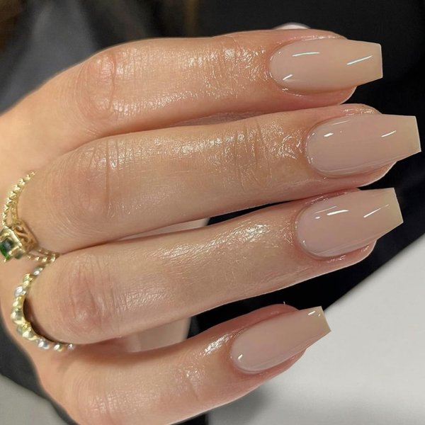 Beige Press on Nails Medium Coffin Nails,Glue on Nails Medium Length,Fake Nails Square Nails Press on,Short Acrylic Nails False Nails,Static Nails Trapezoid Shaped,Gel Nails Stick on Nails in 24 PCS