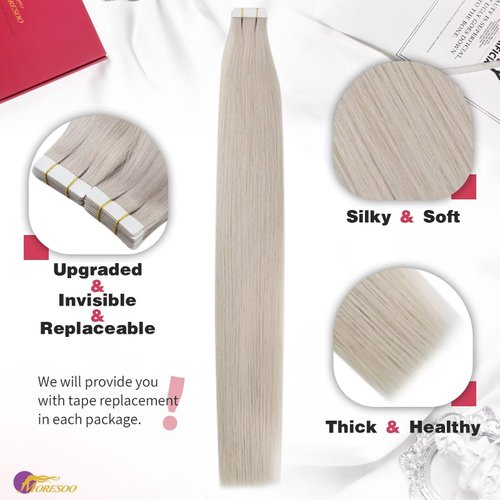 Moresoo Tape in Extensions Blonde Human Hair Extensions Tape in White Blonde Hair Extensions Real Human Hair Tape in Seamless Hair Extensions Real Hair 20 Inch #60A 20pcs 50g