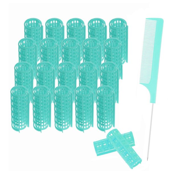 ZMD 20PCS Plastic Hair Curlers Rollers Set, Green (0.98in/2.5cm), Self Grip Hair Rollers with Mini Comb for Long Short Medium Thin Hair