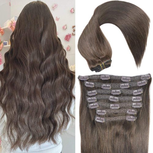 Eufficco Real Human Hair Lace Clip In Hair Extensions Thick Ends Color Dark Brown #2 14inch 100g Remy Hair Extensions Silky Soft Straight Double Wefted Lace Backed Clip On Human Hair Extensions