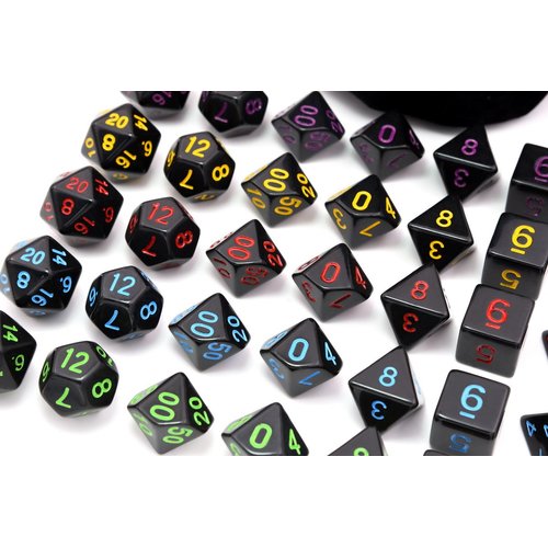 IvyFieldDice 5 Sets New Black Polyhedral Dice with Satin-Lined Velvet Bag for Dungeons and Dragons DND RPG MTG D20 D12 D10 D8 D6 D4