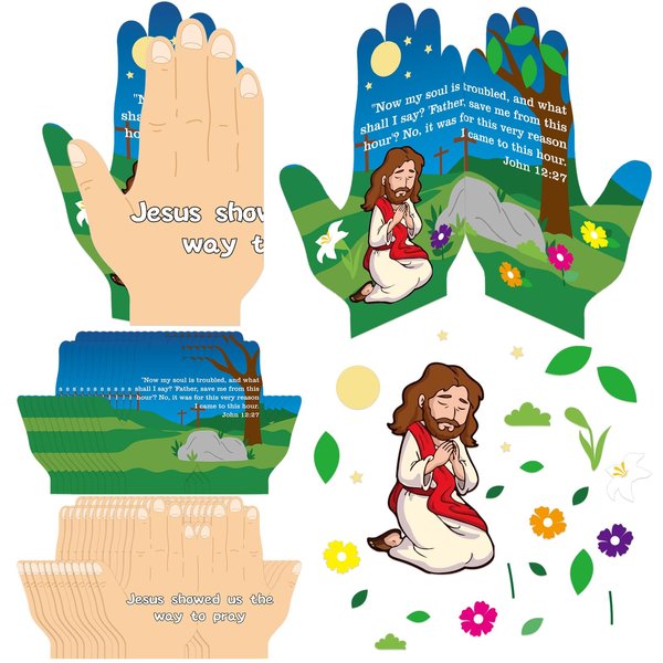 Tellingyou 24 Sets Easter Handprint Craft Kit for Kids Religious Praying Hands Craft Kits Easter Religious Christian Cutouts Crafts for Sunday School Fun Home Class Activities Party Supplies