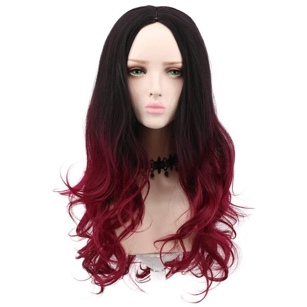 yuehong Long Wavy Two Tone Ombre Black Dark Red Wig Halloween Cosplay Costume Wigs
