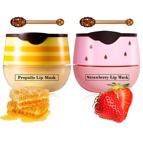 2PCS honey pot lip balm Strawberry lip mask, lip sleeping mask, Moisturizing exfoliating Prevent Dry & Cracked diluting lip lines applying lip gloss and lipstick as a base (Honey & Strawberry)