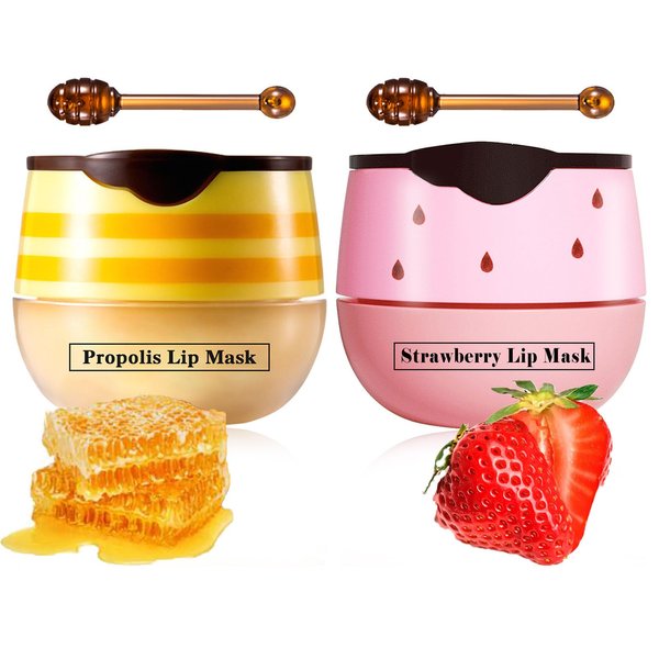 2PCS honey pot lip balm Strawberry lip mask, lip sleeping mask, Moisturizing exfoliating Prevent Dry & Cracked diluting lip lines applying lip gloss and lipstick as a base (Honey & Strawberry)