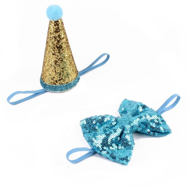 Stock Show Pet Cute Birthday Party Cone Hat and Bow tie Collar Set with Adjustable Headband and Pom-poms Topper for Small Medium Dogs Cats Pets, Blue