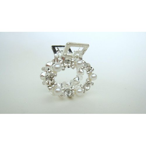 Generic Small oval circle pearl crystal silver metal hair claw clip bridal clip