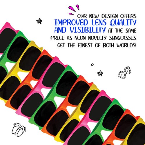 Neliblu Kids Sunglasses Party Favors 80’s Style Sun Glasses for Beach and Pool Parties, Carnival Prizes, Party Favors, Party Toys, Bulk Pack Neon Sunglasses for Kids And Adults (1 Dozen)