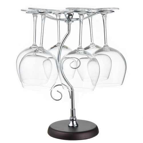 MyGift 6-Hook Countertop Wine Glass Holder, Artistic Freestanding Silver Tone Metal Stemware Rack with Elegant Scrollwork Design