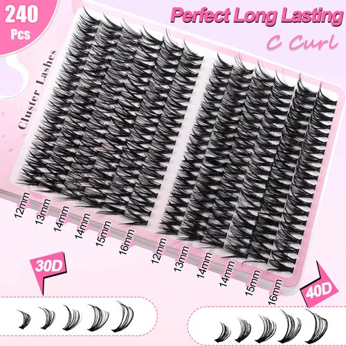 DIY Lash Extension Kit 240pcs, 12-16mm Mixed C Curl Individual Lashes Clusters Kit,30D+40D Eyelashes Kit with Lash Bond and Seal and Lash Applicator Tool for DIY Eyelash at Home.(240P-30+40 Kit)