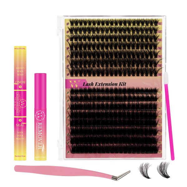 Lash Extension Kit 300Pcs 70 90D DIY Individual Eyelashes Extensions Lashes Clusters Kit Lash Bond And Seal Lash Remover Lash Applicator Tool For False Eyelash Cluster Kit At Home(D-Mix10-18mm,24)