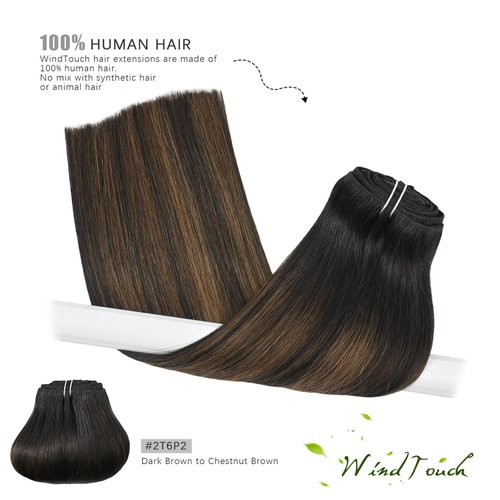 WindTouch Clip in Hair Extensions Human Hair Extensions 18 Inch 120g 7pcs #2T6P2 Dark Brown to Chestnut Brown Balayage Clip in Hair Extensions Clip in Hair Extensions Real Human Hair Double Weft