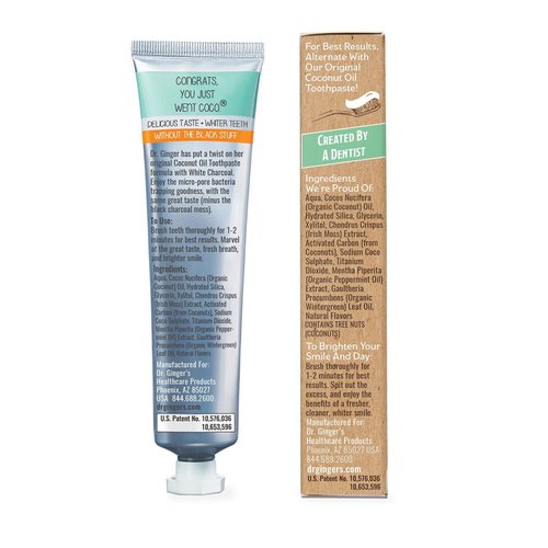 Dr. Ginger's Coconut Oil Toothpaste with White Activated Charcoal, All-Natural Whitening Power, Enamel-Safe, Reduces Plaque & Gum Sensitivity, Fluoride-Free, Coconut Mint Flavor, 4oz, 1ct