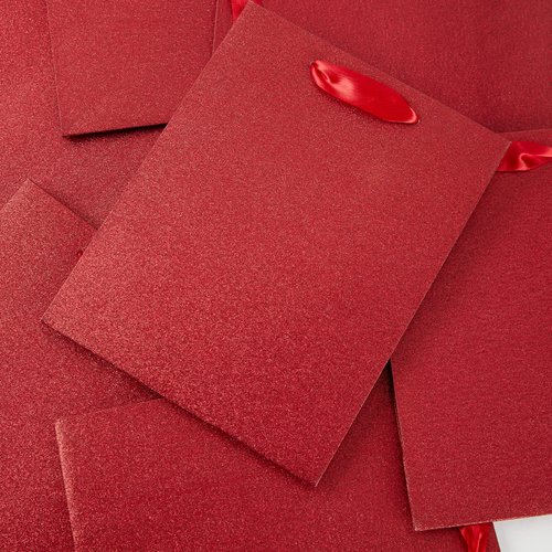 UNIQOOO 12Pcs Embossed Ruby Red Glitter Christmas Gift Bags with 24 Tissue Paper Bulk, M 9x7 Inch, Valentines Day Gift Wrap Bag, Wedding Bridal Shower Favor Bag Gift Packaging, Holiday Birthday Party