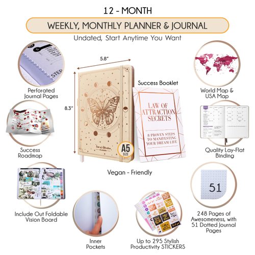 Hourly Planner - Undated Deluxe Weekly, Monthly Planner, 12 Month Journey to Increase Productivity & Happiness - Life Organizer, Gratitude Journal