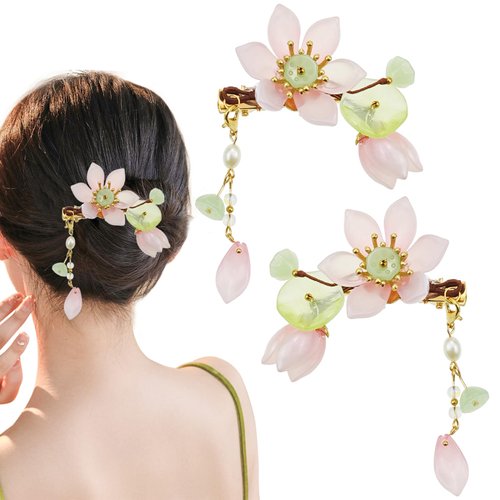 1 Pair of Pink Handmade Lotus Hair Clips, Vintage Pink Flower Hair Clips, Tassel Hair Clip, Hanfu Decorative Hair Clips, and Chinese Hair Accessories, for Women Bride Bridesmaids