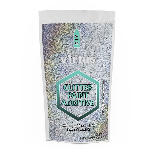 V1RTUS Silver Holographic Glitter Paint Crystal Additive 100g / 3.5oz for Acrylic, Latex, Emulsion - use Interior/Exterior - Wall, Ceiling, Wood, Metal, Varnish, Dead Flat, Matte, Soft Sheen or Silk