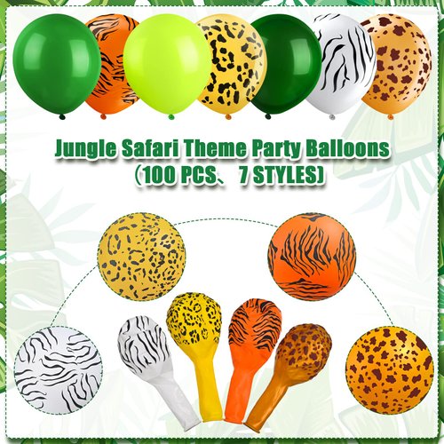 100 Pcs Jungle Balloons Party Decorations 12 Inch Safari Animal Print Latex Balloons Jungle Party Balloons Leopard Tiger Printed Green Balloons for Birthday Party Wild First Baby Shower Supplies