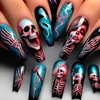 Long Coffin Press on Nails Horror Skull Fake Nails Red & Blue Cyberpunk False Nails Full Cover Acrylic Nails Glue on Nails Stick on Nails for Women Girls Halloween Manicure 24Pcs