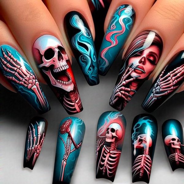Long Coffin Press on Nails Horror Skull Fake Nails Red & Blue Cyberpunk False Nails Full Cover Acrylic Nails Glue on Nails Stick on Nails for Women Girls Halloween Manicure 24Pcs
